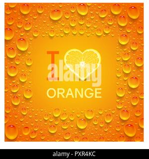 Arancio brillante poster con a forma di cuore arancione e succosa scende. La scritta "Io amo arancione". Illustrazione Vettoriale
