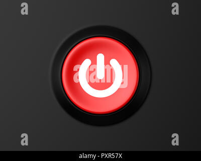 Rendering 3d vista anteriore di un pulsante di accensione rosso su sfondo nero. Foto Stock