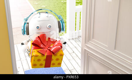 3D rendering, piccolo drone con cuffie erogare presente Foto Stock