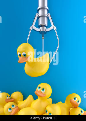 3D rendering, giallo rubber duck passando sulla pila di anatre scartati Foto Stock
