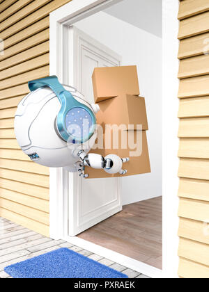 3D rendering, piccolo drone con cuffie consegnare i pacchi Foto Stock