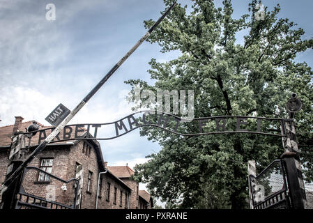 Famigerato "Arbeit macht frei" o "lavoro vi rende liberi' iscrizione sopra il portone di ingresso Auscwitz-Birkenau del campo di concentramento di Oswiecim, lesse Foto Stock