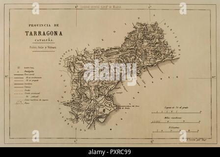 Mapa de la Provincia de Tarragona. Cataluña, España. Crónica General de España, Historia Ilustrada y Descriptiva de sus Provincias. Cataluña, 1866. Biblioteca Histórico Militar de Barcelona. Cataluña, España. Foto Stock