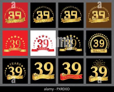 Impostare il numero di trentanove (39 anni) la celebrazione del design. Anniversario numero d'oro agli elementi del modello per la tua festa di compleanno. Illustrazione Vettoriale