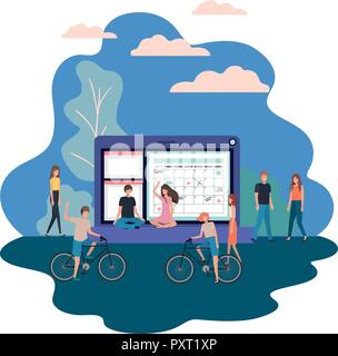 Computer portatile con le persone intorno a carattere di avatar Illustrazione Vettoriale