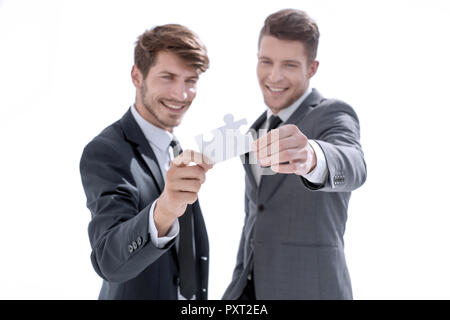 Imprenditore persone assemblaggio di puzzle, il team di supporto e lui Foto Stock