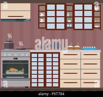 Cucina in stile Giapponese con armadi, scaffali e utensili da cucina. Illustrazione Vettoriale. Illustrazione Vettoriale