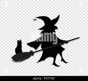Silhouette nera della strega in hat e costume volare sulla scopa con gatto isolato su sfondo trasparente. Festa di halloween illustrazione vettoriale, icona, retr Illustrazione Vettoriale