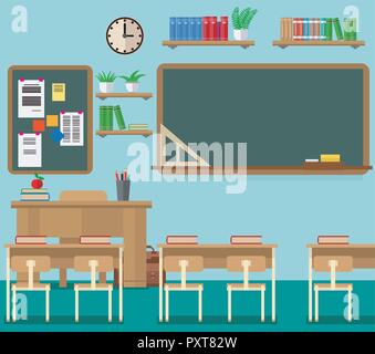 Aula scolastica con lavagna e scrivanie. Aula per l apprendimento, illustrazione vettoriale set. Illustrazione Vettoriale