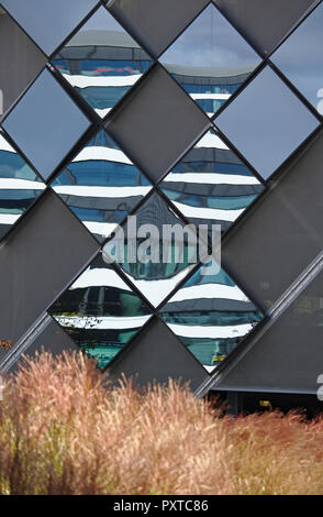 A forma di diamante dei pannelli a specchio su una parete esterna che riflette gli edifici adiacenti con vegetazione marrone in primo piano Foto Stock