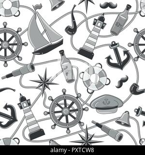 Sailor pattern. Modello senza giunture di una nave pirata e attributi. disegnati a mano illustrazione Illustrazione Vettoriale