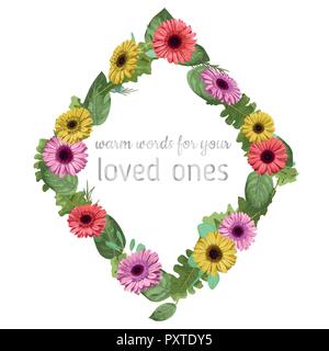 Nozze invito floreali, invitare card. Vettore stile acquerello foresta verde, erbe aromatiche, eucalipto, gerbera red, grassa, rosa, camomilla, chamaelauciu Illustrazione Vettoriale