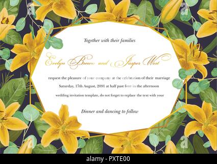 Nozze invito floreali, invitare card. Vettore stile acquarello, foresta verde, erbe aromatiche, eucalipto, foglie di giallo, Lilly verde botanico, orizzontale Illustrazione Vettoriale