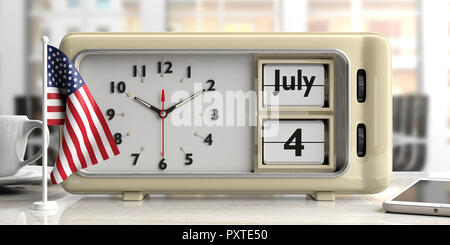 Il 4 luglio il giorno di indipendenza su vecchi retro vintage sveglia e bandiera americana sulla scrivania in ufficio. Sfondo sfocato. 3d'illustrazione. Foto Stock