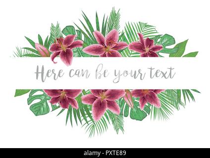 Invito di nozze invito vettore scheda vegetazione floreale design. Tropical palm, borgogna lily fiori, foglie, Monstera, kentia palme, diffenbachia, Illustrazione Vettoriale
