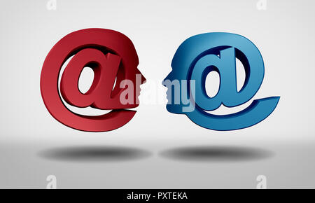 La comunicazione via Internet e chat online come un messaggio di posta elettronica web a forma di simbolo come persone comunicare insieme come un social media simbolo come una rappresentazione in 3D. Foto Stock