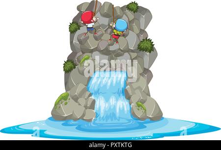 Bambini palestra di roccia sopra la cascata illustrazione Illustrazione Vettoriale