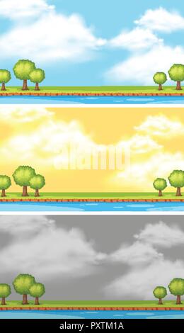 Tre scene con alberi e fiume in corrispondenza di tempi differenti illustrazione Illustrazione Vettoriale