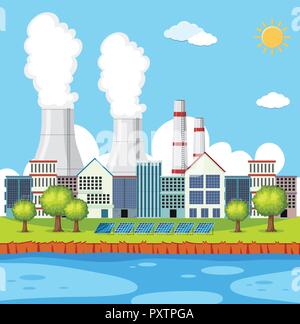 Scena in fabbrica con gli edifici e i camini di illustrazione Illustrazione Vettoriale