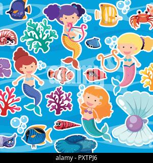 Seamless sfondo con sirene e illustrazione di pesce Illustrazione Vettoriale