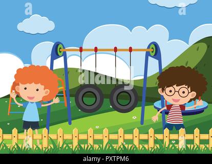 Bambini che giocano nel parco giochi Giardino illustrazione Illustrazione Vettoriale