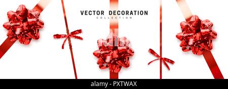 Archi Rossi design realistico. Dono decorativi archi con nastri isolati su sfondo bianco Illustrazione Vettoriale