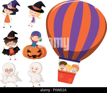 I bambini in costumi di halloween e sul palloncino illustrazione Illustrazione Vettoriale