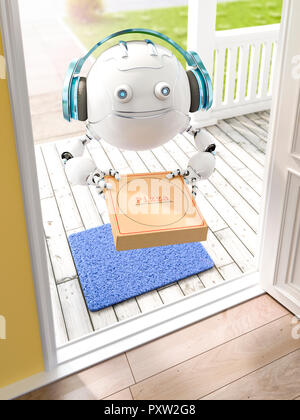 3D rendering, piccolo drone con cuffie consegna pizza Foto Stock