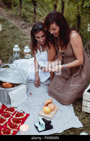 Amici a un picnic in un vigneto guardando le fotografie Foto Stock