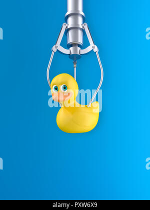 3D rendering, giallo rubber duck passando davanti a sfondo blu Foto Stock