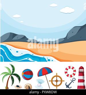 Ocean scena con diversi elementi di spiaggia illustrazione Illustrazione Vettoriale