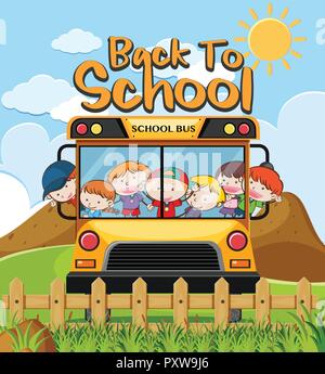 Kids in autobus per tornare a scuola illustrazione Illustrazione Vettoriale