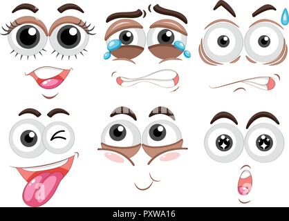 Sei serie di volto umano con emozioni diverse illustrazione Illustrazione Vettoriale
