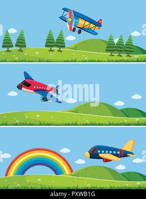 Tre scene con gli aeroplani in cielo illustrazione Illustrazione Vettoriale