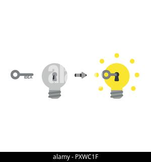 Illustrazione Vettoriale icona concetto di idea chiave nella lampadina keyhole e incandescente. Illustrazione Vettoriale