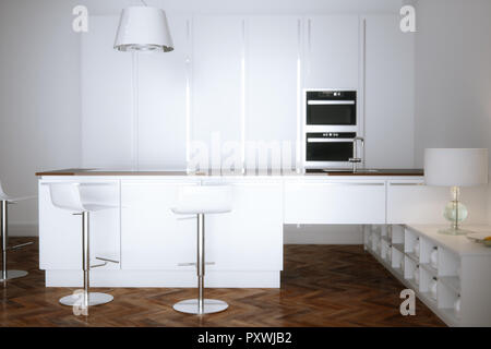 Cucina bianca interni con arredi bianchi e pavimento in legno 3D render Foto Stock