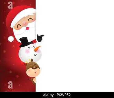Christmas Santa Claus cartoon sorriso e nascondersi dietro a fogli di carta bianca con spazio copia e puntamento illustrazione vettoriale Illustrazione Vettoriale