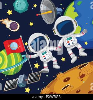 Due astronauti volare nello spazio con bandiera illustrazione Illustrazione Vettoriale