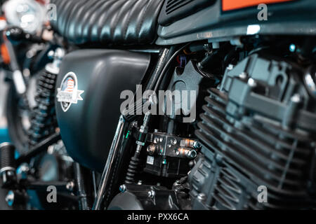 Il design del motore dettagli, radiatore dal moto personalizzate in Italia, Roma. Parti nere, chrome tubazioni Foto Stock