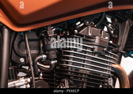 Il design del motore dettagli, radiatore dal moto personalizzate in Italia, Roma. Parti nere, chrome tubazioni. Foto Stock