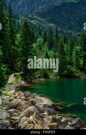 Percorso roccioso che conduce verso le alte montagne e con il lago accanto ad essa. Foto Stock