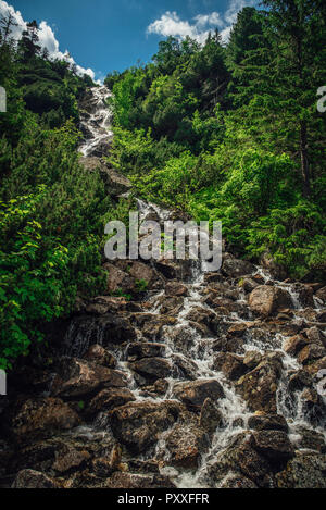 Vista sul fiume di montagna che scorre verso il basso dalla montagna. Foto Stock