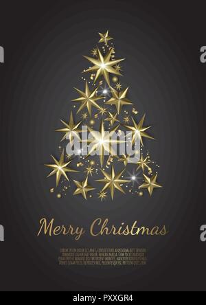 Albero di Natale fatto di lamina di oro stelle su sfondo nero. Natale biglietto di auguri Illustrazione Vettoriale