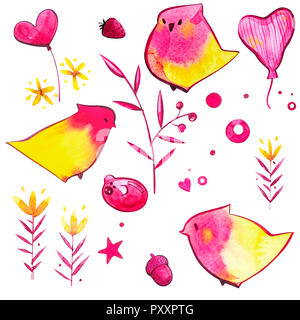 Poco parrot personaggio stilizzato. Isolato su bianco. Carino illustrazione ad acquerello Foto Stock