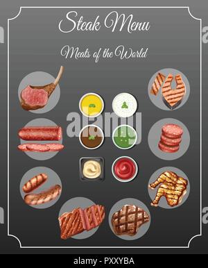 I diversi tipi di carne e le salse sul menu bistecca illustrazione Illustrazione Vettoriale