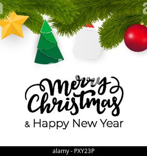 Festivo invernale sfondo con auguri di Buon Natale e felice anno nuovo lettering e ghirlanda di vischio Illustrazione Vettoriale