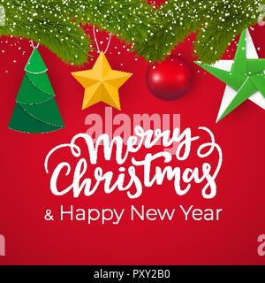 Natale e Anno Nuovo design della Postcard con sfondo rosso, ramo di vischio e Xmas elementi decorativi Illustrazione Vettoriale