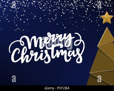 Errori tipografici scheda di Natale design. Golden Ney Anno Albero e star, Xmas scritte e snowon blu e sfondo a freddo Illustrazione Vettoriale