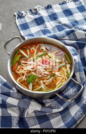 Avanzi di anatra alla pechinese udon noodle minestra di verdura in una casseruola di metallo su una tabella di calcestruzzo con carta asciugatutto, vista da sopra Foto Stock
