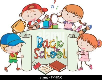 Si torna a scuola Banner con illustrazione per bambini Illustrazione Vettoriale